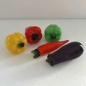 Hand Blown Glass Murano Style Vegetables Peppers, Eggplant, Chili Lot Of 5